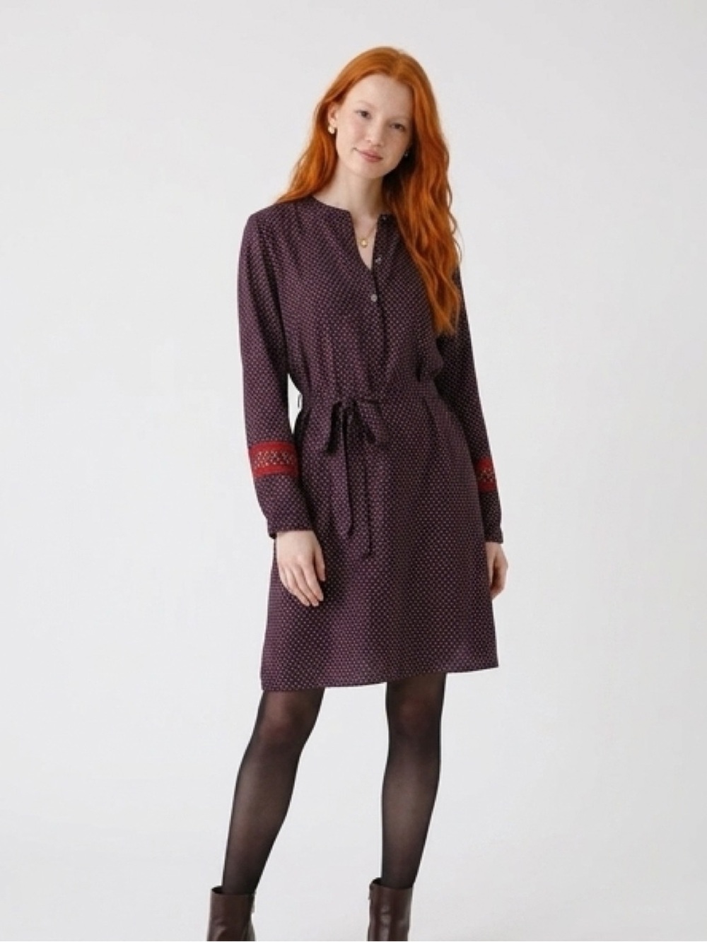 LOFT Maroon Polka Dot Tie Waist Dress Size S